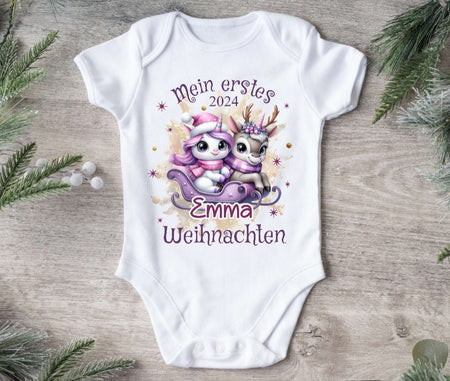 Mein erstes Weihnachten Baby Outfit Body Rentier Einhorn Babybody Langarm oder Kurzarm - CreativMade 