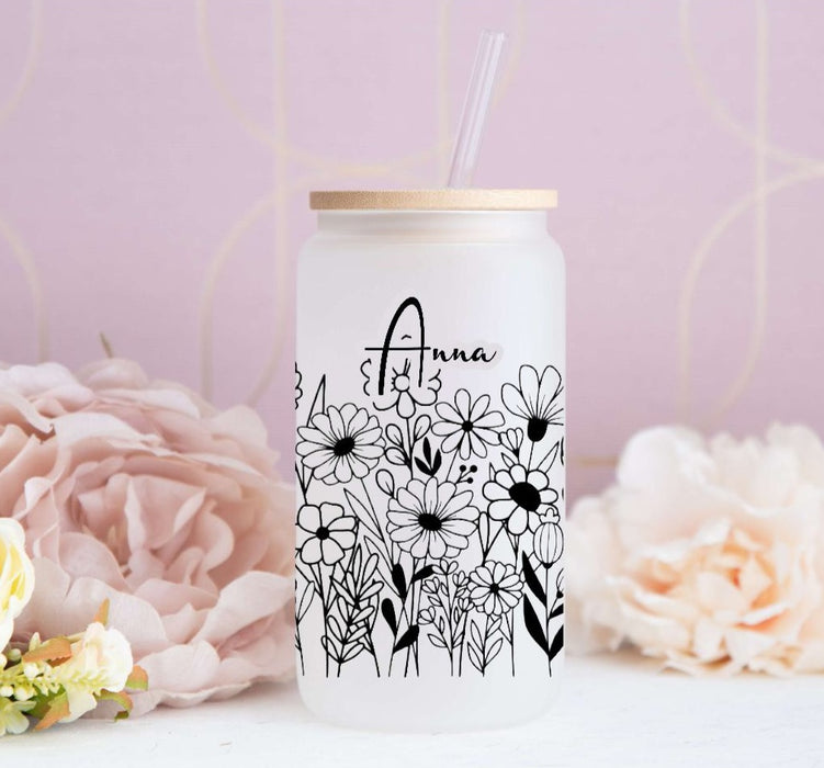 Eiskaffeeglas personalisiert Blumen Trinkglas mit Deckel Strohhalm Tasse Glas Geschenk - CreativMade 