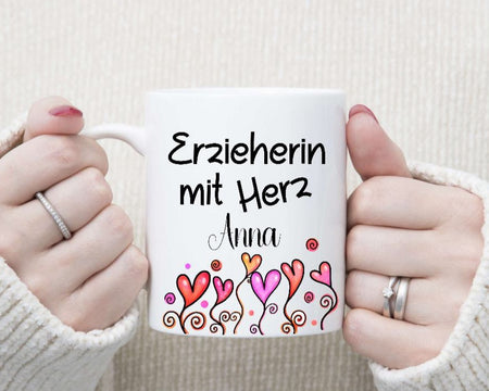 Tasse personalisiert Erzieherin mit Herz mit Name Abschiedsgeschenk Erzieherin Kita Kindergartenzeit - CreativMade 