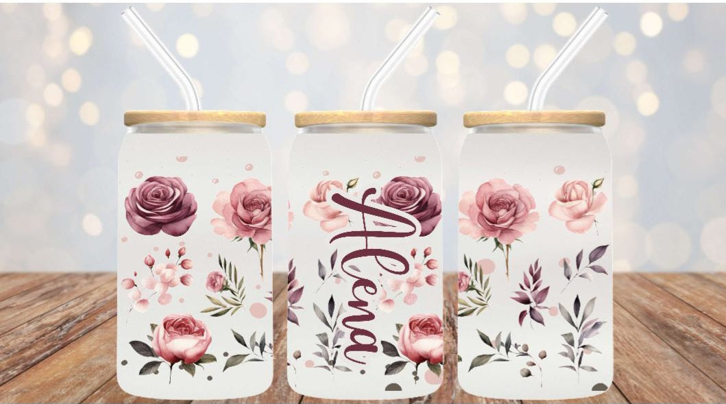 Eiskaffeeglas personalisiert Blumen Trinkglas mit Deckel Strohhalm Glasbecher Kaffee Glastasse Tasse Glas Geschenk - CreativMade