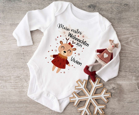 Mein erstes Weihnachten Baby Outfit Body Rentier Mädchen Babybody Langarm oder Kurzarm - CreativMade 