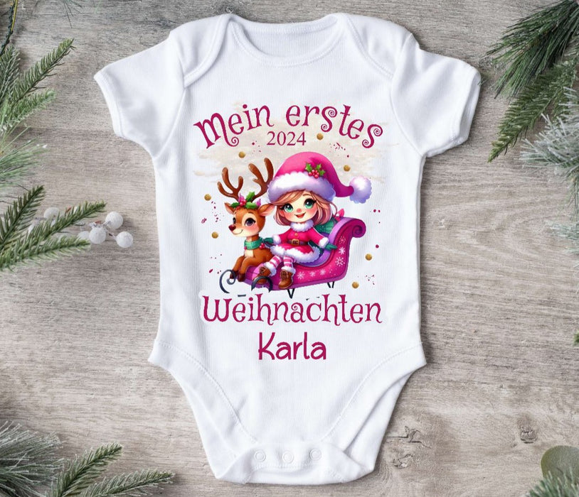 Mein erstes Weihnachten Baby Outfit Body Rentier Schlitten Mädchen Babybody Langarm oder Kurzarm - CreativMade 