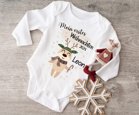 Mein erstes Weihnachten Baby Outfit Body Rentier Junge Babybody Langarm oder Kurzarm - CreativMade 