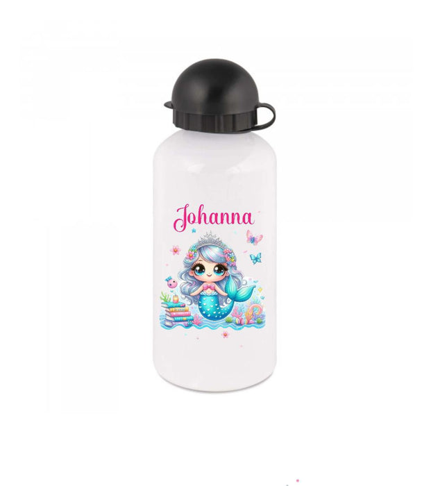 Trinkflasche Kinder Meerjungfrau mit Name Mädchen Sportflasche Schule Karabiner Aluminium - CreativMade 