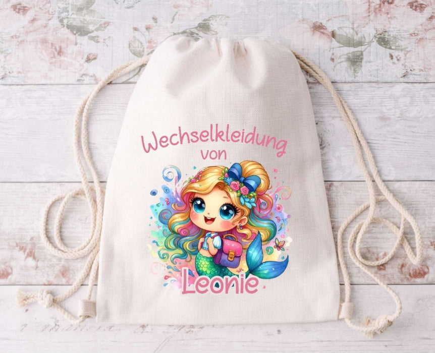 Wechselkleidung Kita Meerjungfrau Tasche personalisiert mit Name Mädchen Kindergarten Wechselwäsche Wechselsachen Beutel - CreativMade 