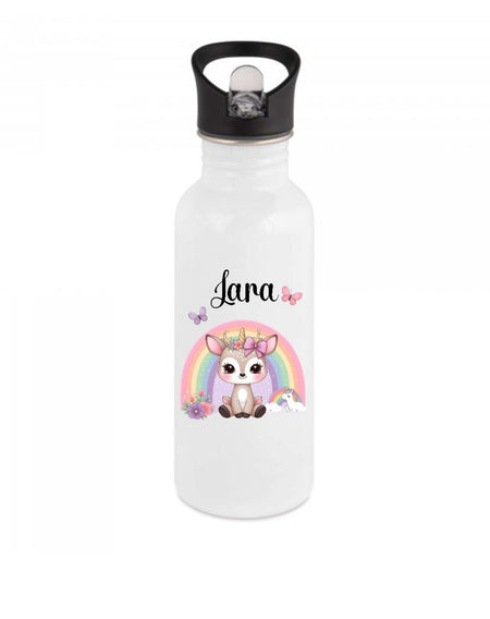 Personalisierte Trinkflasche Reh Regenbogen Kinder Edelstahl mit Name mit Strohhalm Mädchen Geschenk Einschulung Geburtstag - CreativMade 