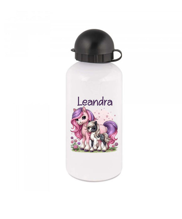 Trinkflasche Kinder Pferd mit Name Mädchen Sportflasche Schule Karabiner Aluminium - CreativMade 