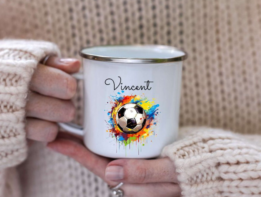 Personalisierte Tasse Fußball Kindertasse mit Name Junge Emaille Keramik Namenstasse - CreativMade