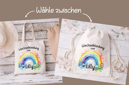 Wechselkleidung Kita Regenbogen Tasche personalisiert mit Name Mädchen Kindergarten Wechselwäsche Wechselsachen Beutel - CreativMade 