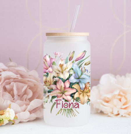 Eiskaffeeglas personalisiert Blumen Trinkglas mit Deckel Strohhalm Tasse Glas Geschenk - CreativMade 