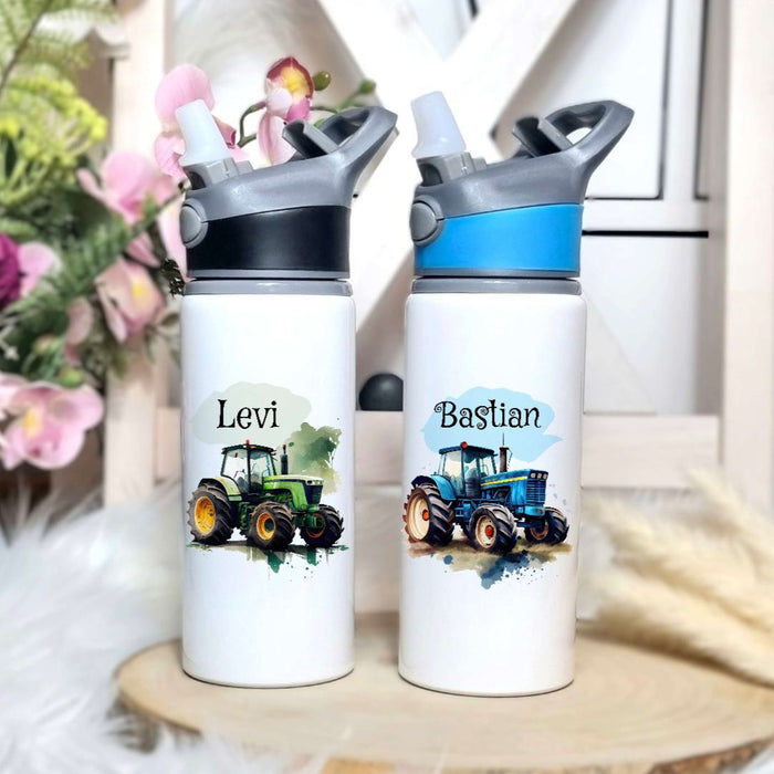 Personalisierte Trinkflasche mit Namen und Strohhalm Traktor Wasserflasche aufklappbares Mundstück - CreativMade