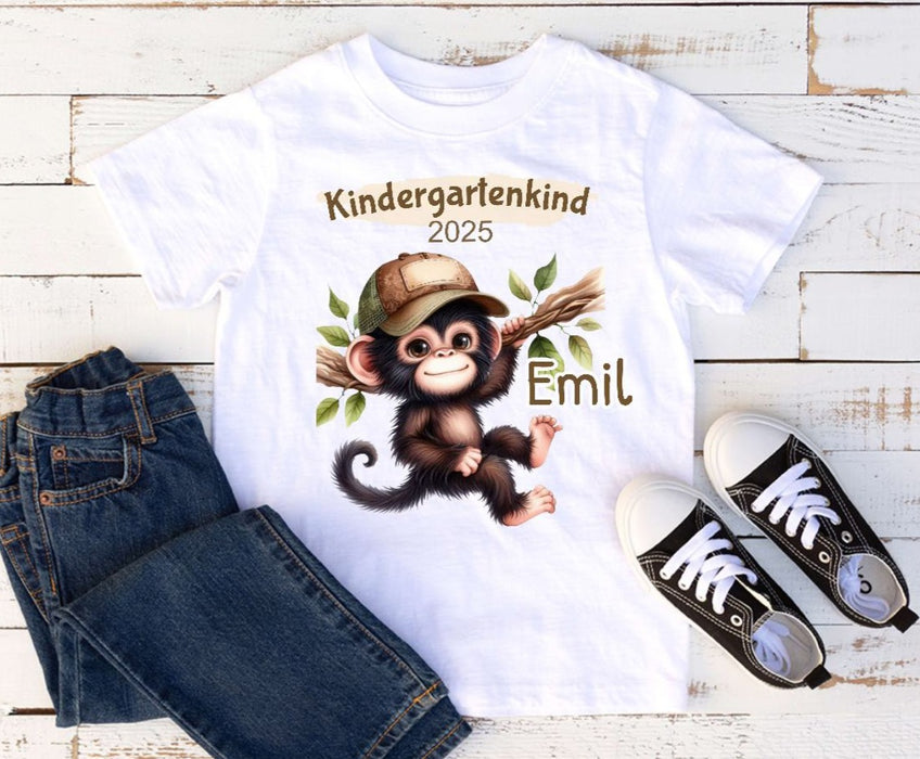 Kindergartenkind T-Shirt mit Name Affe personalisiert Kita Kind Jungen Kindergarten Start Outfit - CreativMade