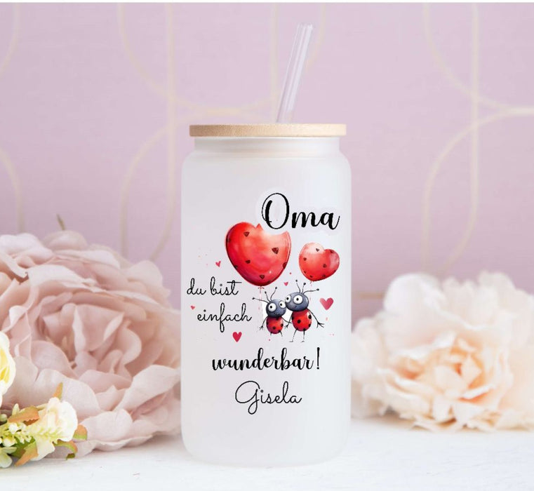 Eiskaffeeglas personalisiert Oma wunderbar Muttertag Valentinstag Trinkglas mit Deckel Strohhalm Glasbecher Kaffee Glastasse Tasse Glas Geschenk - CreativMade