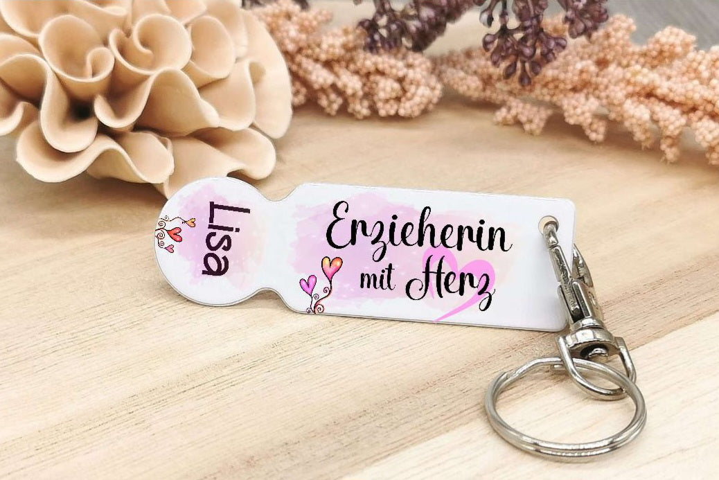 Einkaufswagenlöser Erzieherin mit Herz Wagenlöser Chip für Einkaufswagen 1 Euro Ersatz Geschenk - CreativMade 