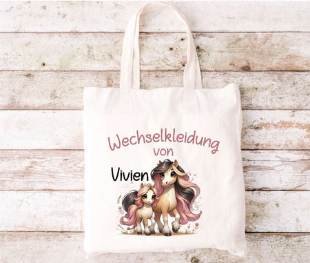 Wechselkleidung Kita Pferd Tasche personalisiert mit Name Mädchen Kindergarten Wechselwäsche Wechselsachen Beutel - CreativMade 