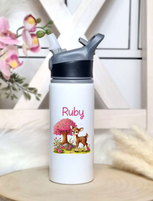 Personalisierte Trinkflasche mit Namen und Strohhalm Reh oder Fuchs Wasserflasche aufklappbares Mundstück - CreativMade