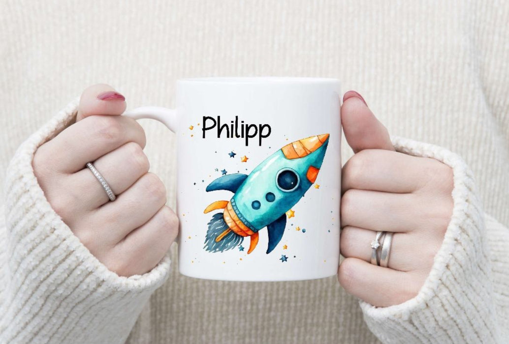 Personalisierte Tasse Rakete Kindertasse mit Name Junge Emaille Keramik Namenstasse - CreativMade