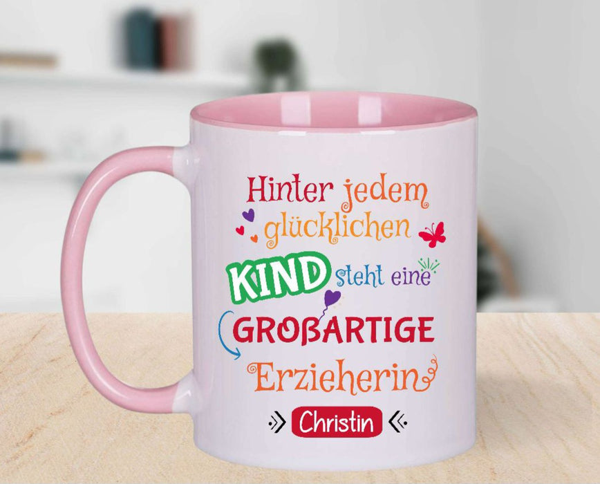 Tasse personalisiert Hinter jedem glücklichen Kind steht eine großartige Erzieherin Abschiedsgeschenk Erzieherin Kita Kindergartenzeit - CreativMade 