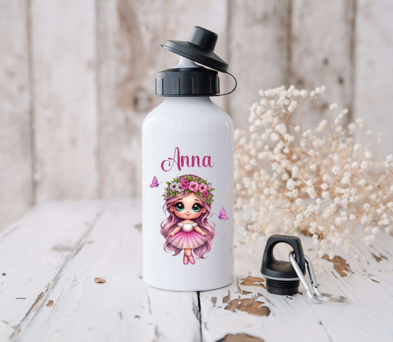 Trinkflasche Kinder Ballerina mit Name Mädchen Sportflasche Schule Karabiner Aluminium - CreativMade 