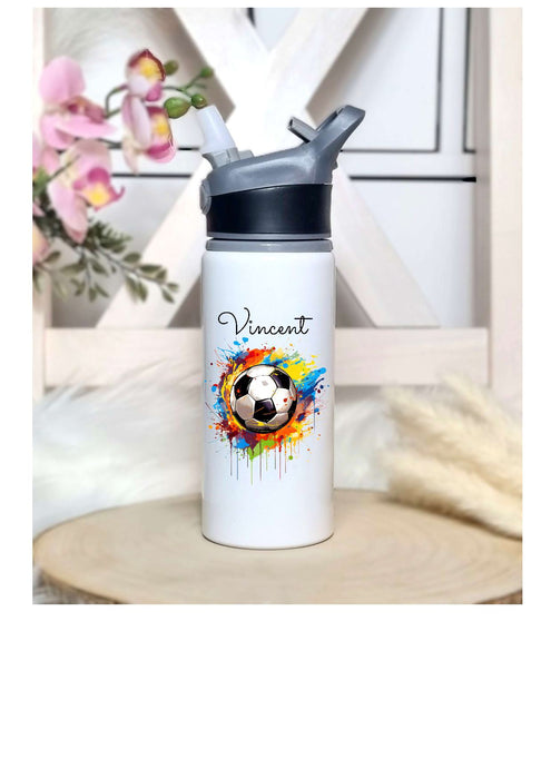 Personalisierte Trinkflasche mit Namen und Strohhalm Fußball Wasserflasche aufklappbares Mundstück - CreativMade