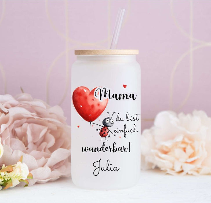 Eiskaffeeglas personalisiert Mama wunderbar Muttertag Valentinstag Trinkglas mit Deckel Strohhalm Glasbecher Kaffee Glastasse Tasse Glas Geschenk - CreativMade