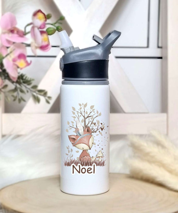 Personalisierte Trinkflasche mit Namen und Strohhalm Eule Waldtiere Wasserflasche aufklappbares Mundstück - CreativMade