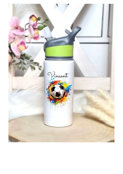 Personalisierte Trinkflasche mit Namen und Strohhalm Fußball Wasserflasche aufklappbares Mundstück - CreativMade