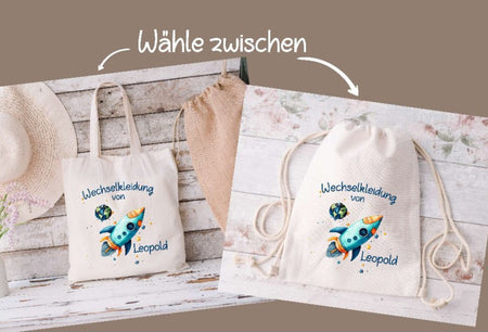 Wechselkleidung Kita Rakete Tasche personalisiert mit Name Junge Kindergarten Wechselwäsche Wechselsachen Beutel - CreativMade 