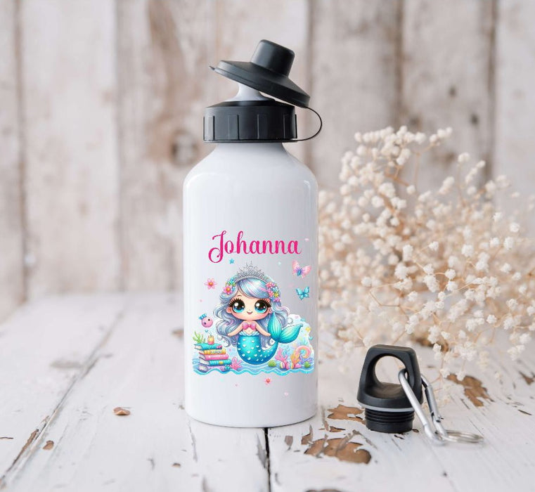 Trinkflasche Kinder Meerjungfrau mit Name Mädchen Sportflasche Schule Karabiner Aluminium - CreativMade 