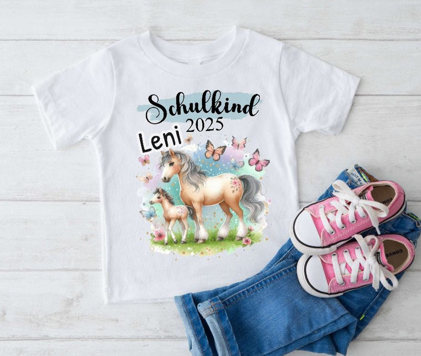 Schulkind T-Shirt mit Name personalisiert Mädchen Pferd Einschulungsshirt Einschulung erste Klasse Geschenk - CreativMade
