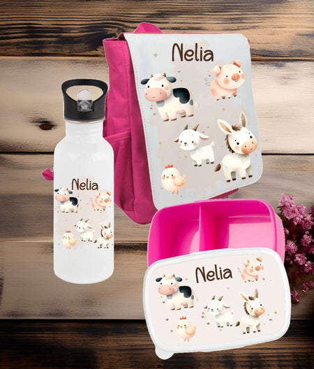 Brotdose Trinkflasche und Rucksack personalisiert Bauernhof Kinder Set Edelstahl Flasche Kita Set Kindergarten Kinderrucksack Mädchen - CreativMade