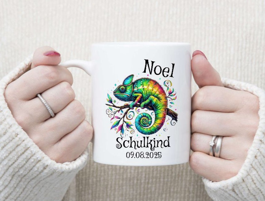 Schulkind Tasse personalisiert Jungen Chamäleon Einschulungstasse mit Namen Geschenk Einschulung Erstklässler - CreativMade