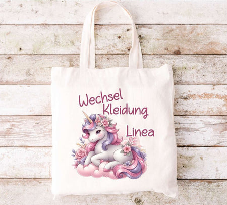 Wechselkleidung Kita Einhorn Tasche personalisiert mit Name Mädchen Kindergarten Wechselwäsche Wechselsachen Beutel - CreativMade 