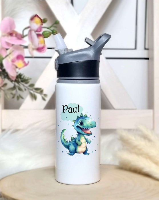 Personalisierte Trinkflasche mit Namen und Strohhalm Jungen Dinosaurierer Wasserflasche aufklappbares Mundstück - CreativMade