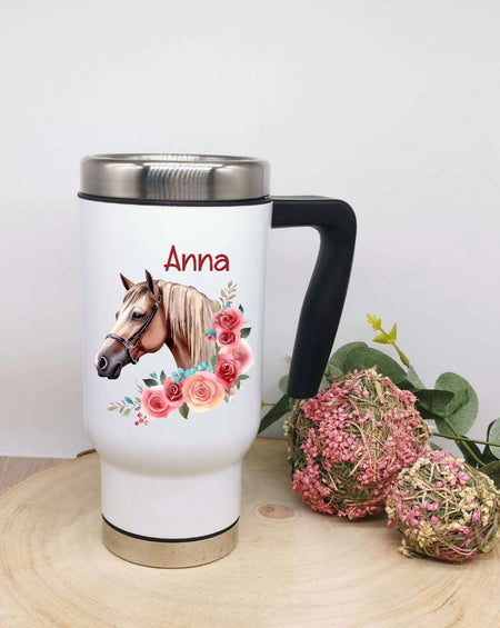 Thermobecher personalisiert Pferd Cup Becher mit Namen Edelstahl mit Griff Geschenk Kaffeebecher Auto Reisebecher isoliert - CreativMade 