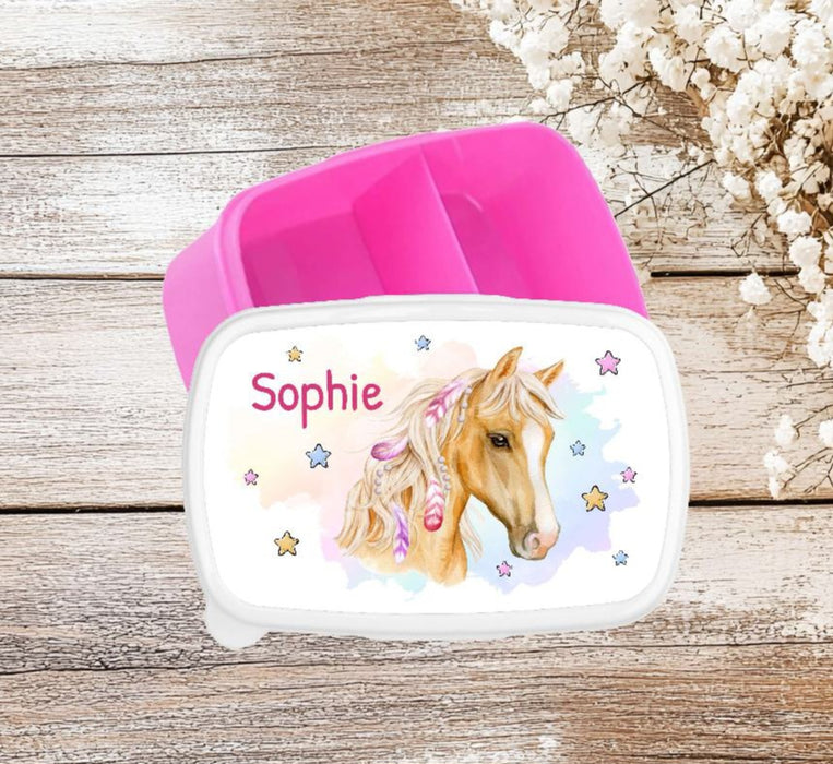 Set Brotdose und Trinkflasche personalisiert mit Namen Pferd Edelstahl 500ml Lunchbox Mädchen - CreativMade