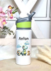 Personalisierte Trinkflasche mit Namen und Strohhalm Jungen Dinosaurierer Wasserflasche aufklappbares Mundstück - CreativMade
