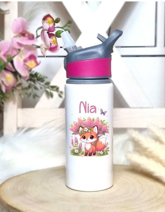 Personalisierte Trinkflasche mit Namen und Strohhalm Reh oder Fuchs Wasserflasche aufklappbares Mundstück - CreativMade