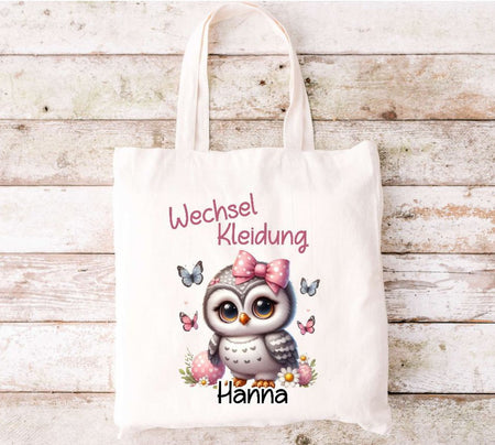 Wechselkleidung Kita Eule Tasche personalisiert mit Name Mädchen Kindergarten Wechselwäsche Wechselsachen Beutel - CreativMade 