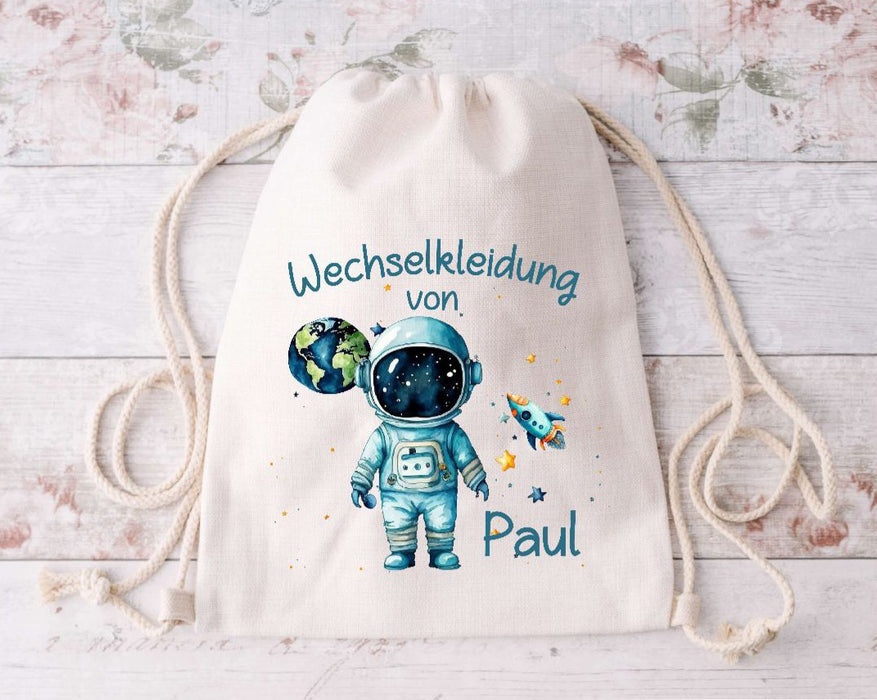 Wechselkleidung Kita Astronaut Tasche personalisiert mit Name Junge Kindergarten Wechselwäsche Wechselsachen Beutel - CreativMade 