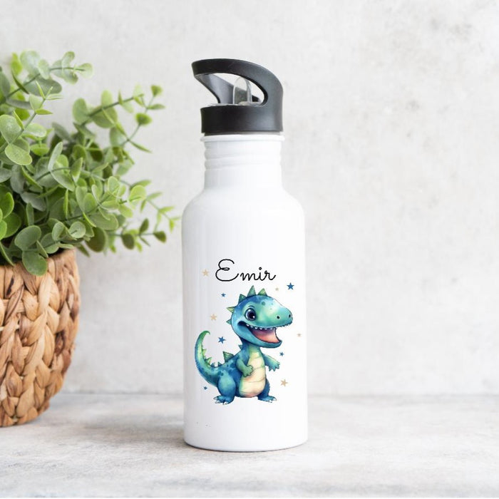 Personalisierte Trinkflasche Dinosaurier Kinder Edelstahl mit Name mit Strohhalm Junge Geschenk Einschulung Geburtstag - CreativMade 