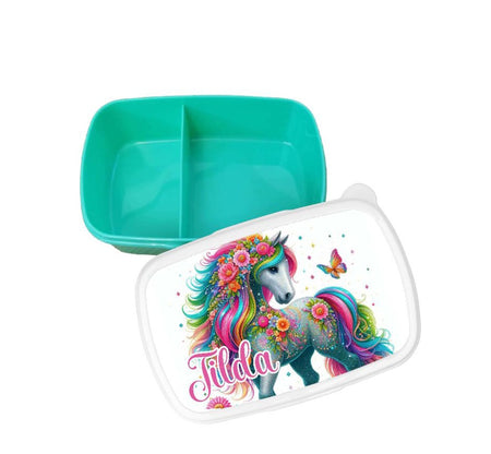 Brotdose Pferd Kinder personalisiert mit Name Mädchen Lunchbox Einschulung Vesperbox Trennfach Kindergarten - CreativMade 