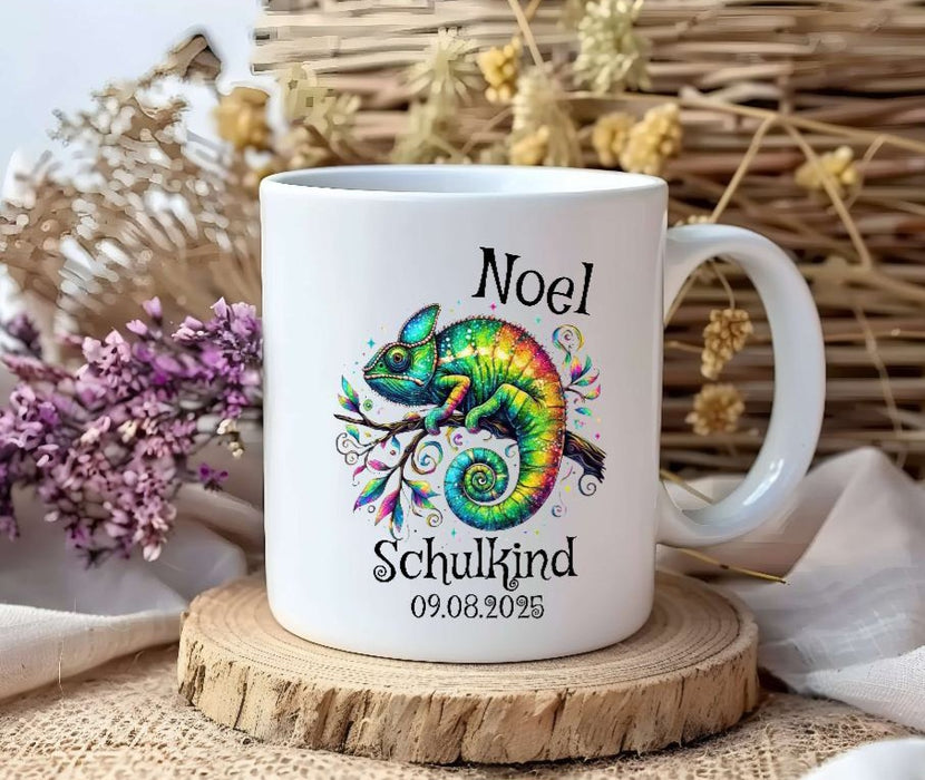 Schulkind Tasse personalisiert Jungen Chamäleon Einschulungstasse mit Namen Geschenk Einschulung Erstklässler - CreativMade