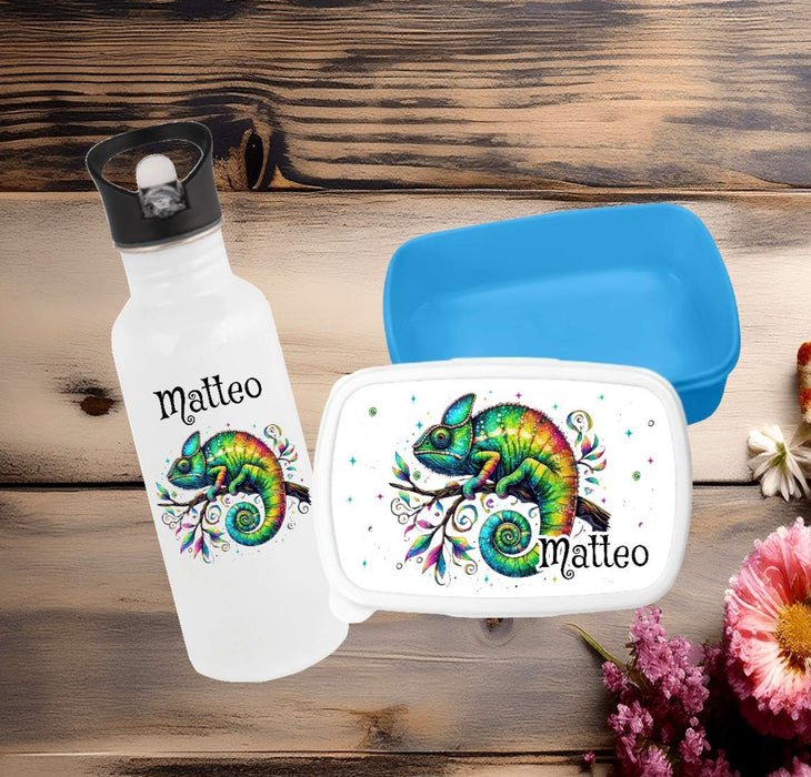 Set Brotdose und Trinkflasche personalisiert mit Namen Chamäleon Edelstahl 500ml Lunchbox Jungen - CreativMade