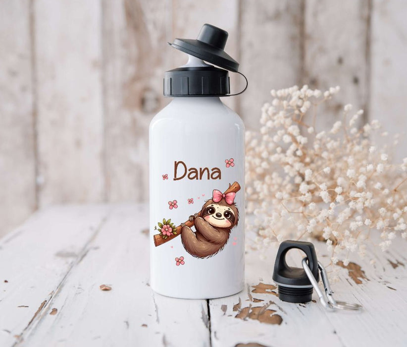 Trinkflasche Kinder Faultier mit Name Mädchen Sportflasche Schule Karabiner Aluminium - CreativMade 