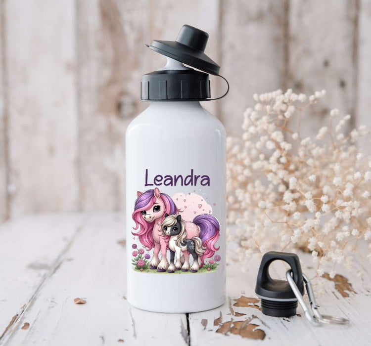 Trinkflasche Kinder Pferd mit Name Mädchen Sportflasche Schule Karabiner Aluminium - CreativMade 