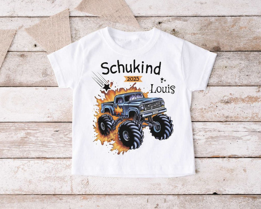 Schulkind T-Shirt mit Name personalisiert Junge Monstertruck Einschulungsshirt Einschulung erste Klasse Geschenk - CreativMade
