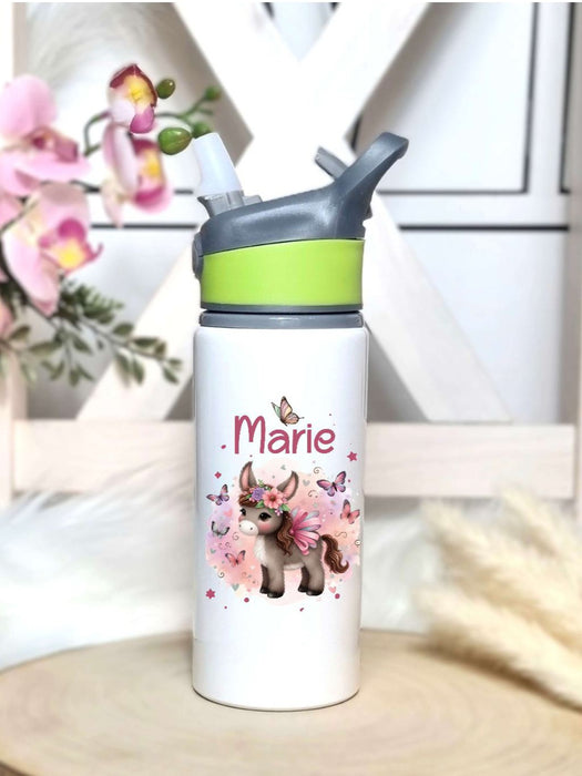 Personalisierte Trinkflasche mit Namen und Strohhalm Esel Wasserflasche aufklappbares Mundstück - CreativMade