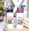 Personalisierte Trinkflasche mit Namen und Strohhalm Faultier Wasserflasche aufklappbares Mundstück - CreativMade