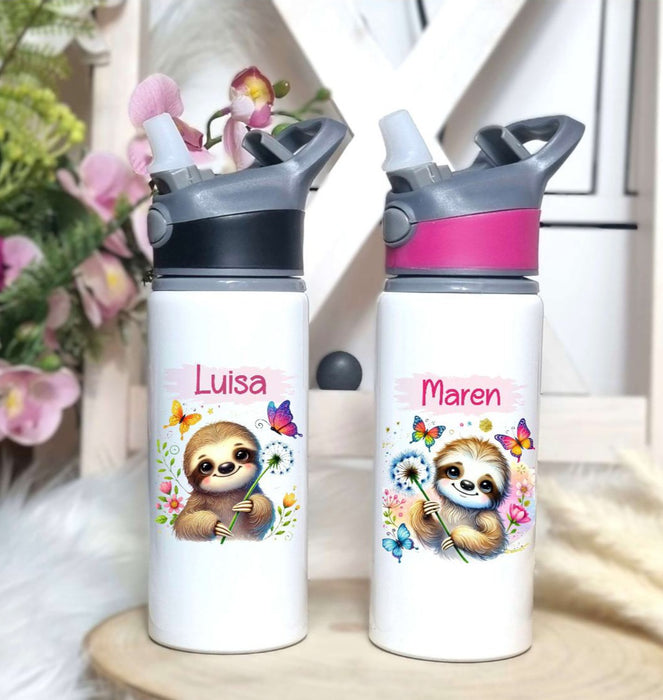 Personalisierte Trinkflasche mit Namen und Strohhalm Faultier Wasserflasche aufklappbares Mundstück - CreativMade